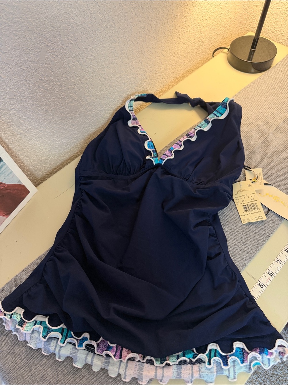 Profile By Gottex Navy Blue Swim Dress with Multicolor Ruffle Trim